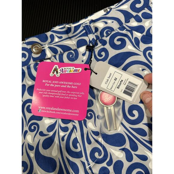 NWT Royal & Awesome Club Swirl Paisley Print Golf Shorts Blue Grey Size 32 - Picture 6 of 12